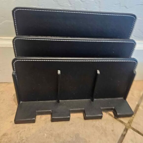 Black Leather File Folder Organizer Charging Station Letter Holder 12"x9"x10" - Picture 7 of 9